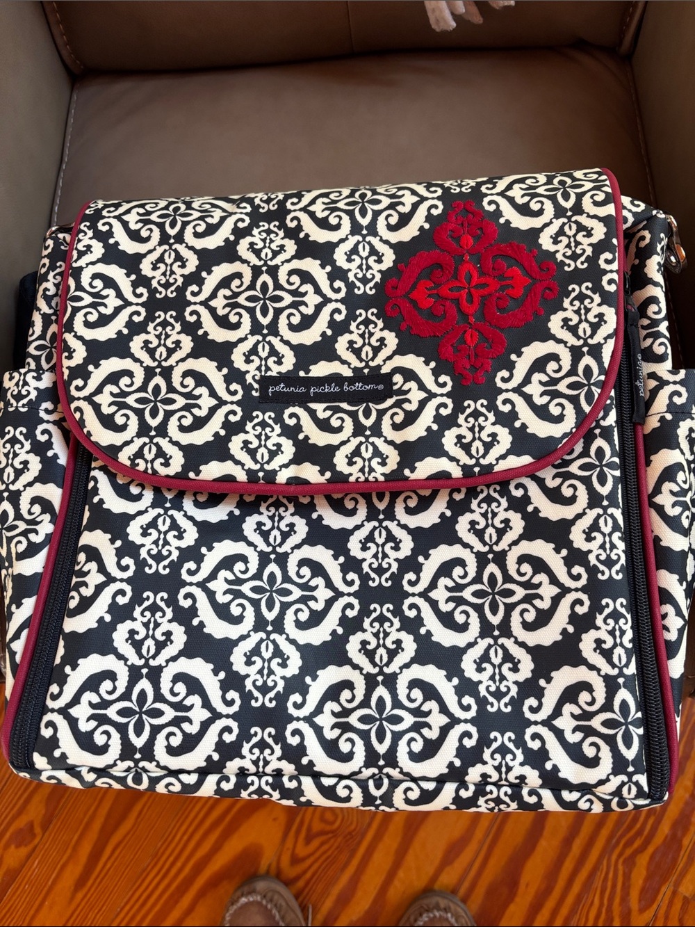 Petunia Pickle Black White Diaper Bag with Red Accent